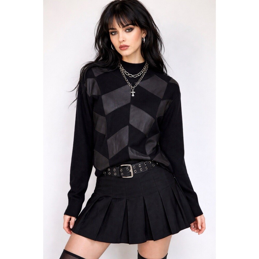 Vintage Black Leather Wool Blend Sweater L Goth Avant Garde Monochromatic Punk